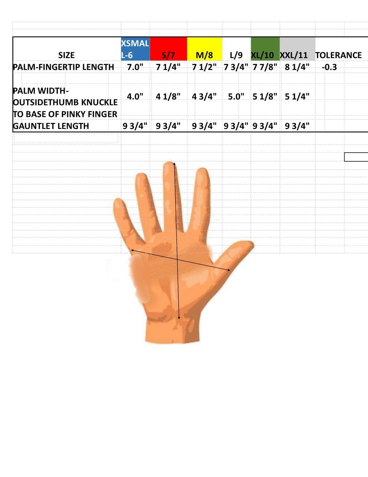 Sizing Chart to assist in selection of Goatskin Gauntlet Gardening Gloves - Leather - Fir Tree Gloves